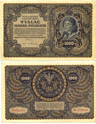 ПОЛЬША 1000 МАРОК 1919 23 АВГУСТА 1919, ТРЕТИЙ ВЫПУСК, ПОРТРЕТ КОСТЮШКО Pick 29 бумага 6289-19-2
