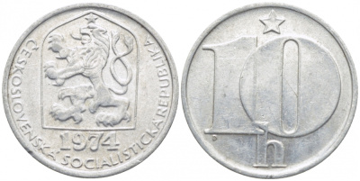 ЧЕХОСЛОВАКИЯ 10 ГЕЛЛЕРОВ 1974 СОЦИАЛИСТИЧЕСКАЯ РЕСПУБЛИКА KM 80 алюминий 112-548