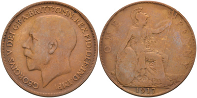 Великобритания 1 пенни 1917 Георг V (1910-1936) КМ 810, Spink 4051 бронза 4593-146