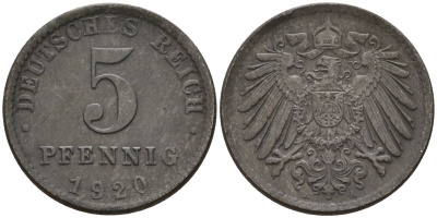 Германия 5 пфеннигов 1920 A KM 19, J. 297 железо 4151-628