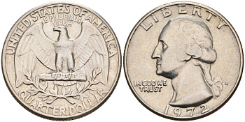 США 25 центов (квотер) 1972 D, Вашингтон KM 164a медь плакированная медно-никелем 92-1221