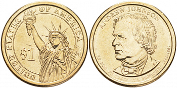 США 1 доллар 2011 D, Эндрю Джонсон (1865-1869), 17-ый Президент США, серия Президенты США KM 499 медь с марганцево-латунным покрытием UNC M31-12