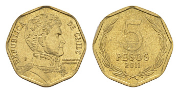 Чили 5 песо 2011 KM 232 алюминиевая бронза 4640-1057