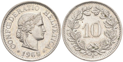 ШВЕЙЦАРИЯ 10 РАППЕНОВ 1968 В KM 27 медно-никель 55-413