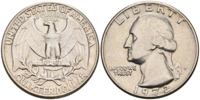 США 25 центов (квотер) 1972 D, Вашингтон KM 164a медь плакированная медно-никелем 92-1221