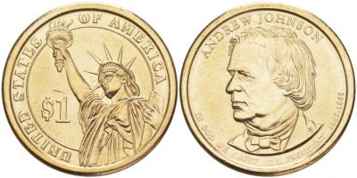 США 1 доллар 2011 D, Эндрю Джонсон (1865-1869), 17-ый Президент США, серия Президенты США KM 499 медь с марганцево-латунным покрытием UNC M31-12