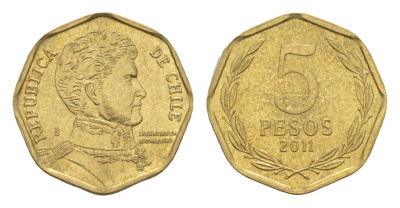 Чили 5 песо 2011 KM 232 алюминиевая бронза 4640-1057
