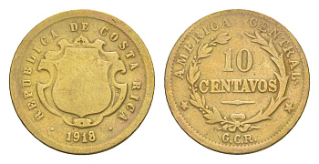 Коста-Рика 10 сентимо 1918 KM 149.2 латунь 4644-327