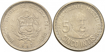 Перу 5 инти 1987 Мигель Грау KM 300 медно-никель UNC 181-933