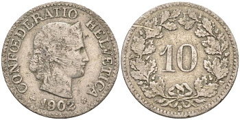 ШВЕЙЦАРИЯ 10 РАППЕНОВ 1904 В KM 27 медно-никель 96-643