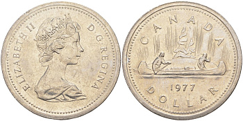 Канада 1 доллар 1977 Елизавета II (1952-2022), каноэ KM 117 никель aUNC 63-543