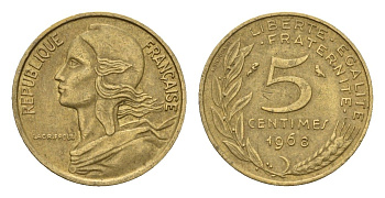 Франция 5 сантимов 1968 KM 933 алюминиевая бронза 4613-168