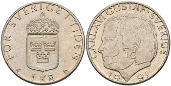 Швеция 1 крона 1991 D, Карл XVI Густав (1973- ) KM 852a медно-никель 4150-414