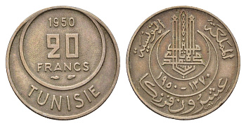 Тунис 20 франков 1950 KM 274 медно-никель 4671-254
