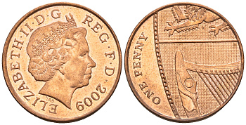 Великобритания 1 пенни 2009 Елизавета II (1952-2022) KM 1107, Spink B6 сталь плакированная медью 4609-654