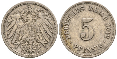 Германия 5 пфеннигов 1912 A, KM 11, J. 12 медно-никель 220-616