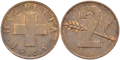 Швейцария 2 раппена 1969 KM 47 бронза 4529-926