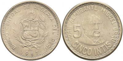 Перу 5 инти 1987 Мигель Грау KM 300 медно-никель UNC 181-933