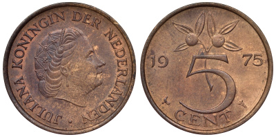 Нидерланды 5 центов 1975 Юлиана (1949-1980) KM 181 бронза 71-124