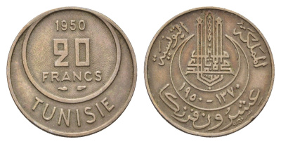 Тунис 20 франков 1950 KM 274 медно-никель 4671-254