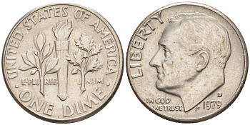 США 10 ЦЕНТОВ = 1 ДАЙМ 1979 D, РУЗВЕЛЬТ KM 195a медь плакированная медно-никелем 187-1054