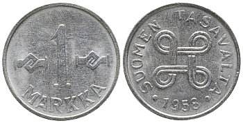 ФИНЛЯНДИЯ 1 МАРКА 1958 KM 36а железо плакированное никелем UNC 100-968
