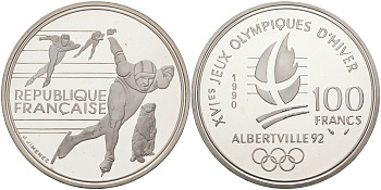 Франция 100 франков 1990 XVI Зимние Олимпийские игры 1992 в Альбервиле, конькобежный спорт KM 980 серебро PROOF 1074-7-12