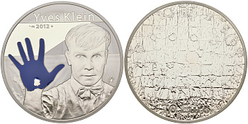 Франция 10 евро 2012 Ив Кляйн, французский художник-новатор, эмаль KM 2087 серебро PROOF 00-00