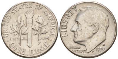 США 10 ЦЕНТОВ = 1 ДАЙМ 1979 D, РУЗВЕЛЬТ KM 195a медь плакированная медно-никелем 187-1054