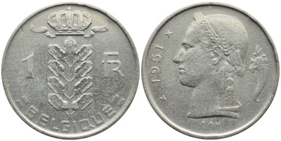 БЕЛЬГИЯ 1 ФРАНК 1951 BELGIQUE KM 142.1 медно-никель 4390-622