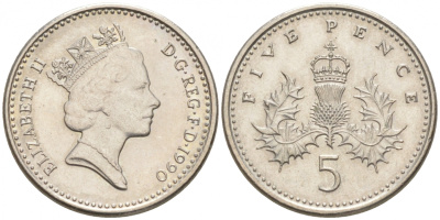 Великобритания 5 пенсов 1990 Елизавета II (1952-2022) KM 937b, Spink 4372 (D4) медно-никель 4549-418
