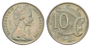 Австралия 10 центов 1968 Елизавета II (1952-2022), птица лирахвост KM 65 медно-никель 4657-136