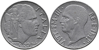 ИТАЛИЯ 20 ЧЕНТЕЗИМО 1940 R, ВИКТОР ИМАНУИЛ, XVIII ГОД, МАГНИТНАЯ KM 75b нержавеющая сталь 83-1057
