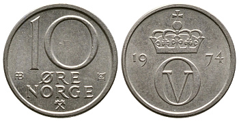 Норвегия 10 эре 1974 Улаф V (1958-1991) KM 416 медно-никель 220-456