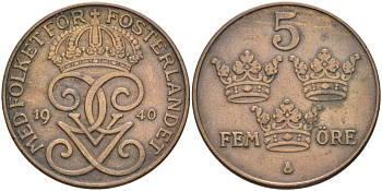 Швеция 5 эре 1940 Густав V (1907-1950), serif 4 KM 779.2 бронза 4557-642