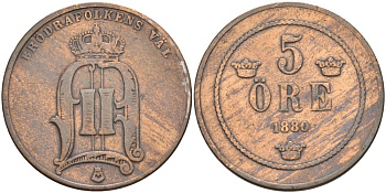 Швеция 5 эре 1880 Оскар II (1872-1907) король Швеции и Норвегии KM 736 бронза 4557-443