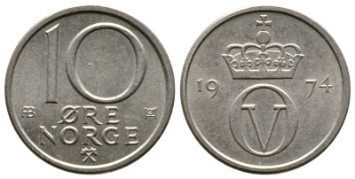 Норвегия 10 эре 1974 Улаф V (1958-1991) KM 416 медно-никель 220-456