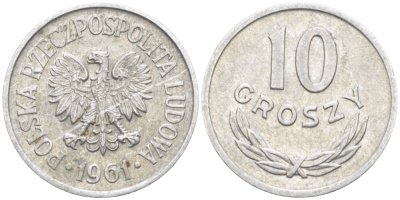 ПОЛЬША 10 ГРОШЕЙ 1961 MW KM АА47 алюминий 112-1211