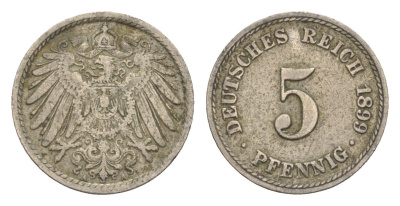 Германия 5 пфеннигов 1899 A, Вильгельм II (1888-1918) KM 11, J. 12 медно-никель 4647-857