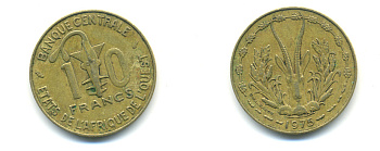 ЗАПАДНАЯ АФРИКА 10 ФРАНКОВ 1975 KM 1а алюминий никель бронза 86-1644
