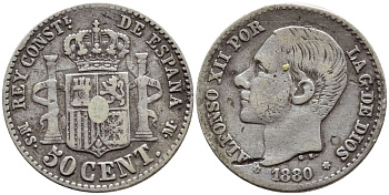 ИСПАНИЯ 50 СЕНТИМО 1880 MS-M, АЛЬФОНСО XII KM 685 серебро 443-522