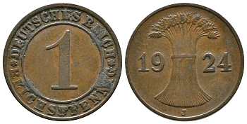 ГЕРМАНИЯ 1 РЕЙХСПФЕННИГ 1924 J KM 37, J.313 бронза 4380-1111