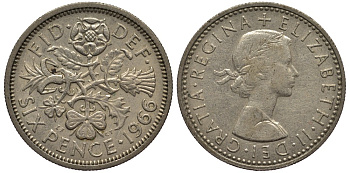 Великобритания 6 пенсов 1966 Елизавета II (1952-2022) KM 903, Spink 4149 медно-никель 4538-651