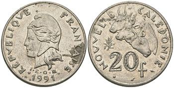 Французская Новая Каледония 20 франков 1991 три быка, (IEOM) KM 12, Schoen 14, Lec 114 никель 81-226