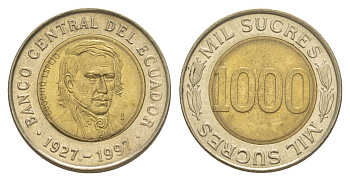Эквадор 1000 сукре 1997 70 лет Центробанку KM 103 биметалл UNC 4641-745