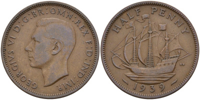 Великобритания 1/2 пенни 1939 Георг VI (1936-1952) KM 844, Spink 4115 бронза 4153-822