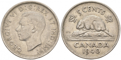 Канада 5 центов 1940 бобр, Георг VI (1937-1952) KM 33 никель 73-1154