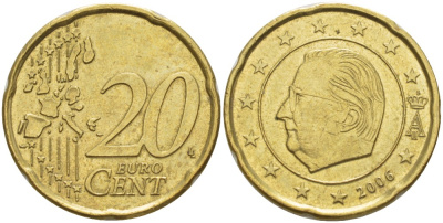 БЕЛЬГИЯ 20 ЕВРОЦЕНТОВ 2006 АЛЬБЕРТ II KM 228 латунь 4543-427