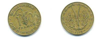 ЗАПАДНАЯ АФРИКА 10 ФРАНКОВ 1975 KM 1а алюминий никель бронза 86-1644