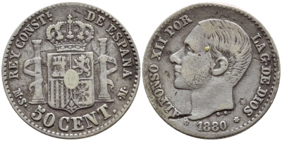 ИСПАНИЯ 50 СЕНТИМО 1880 MS-M, АЛЬФОНСО XII KM 685 серебро 443-522